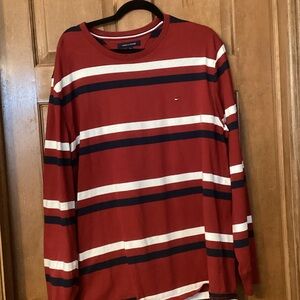 Tommy Hilfiger Men's Red and White Striped Long Sleeve Tee